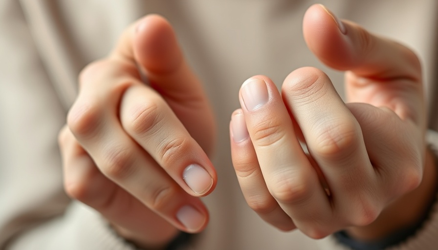 Close-up hand pressing fingers, connection to arthritis and stress.