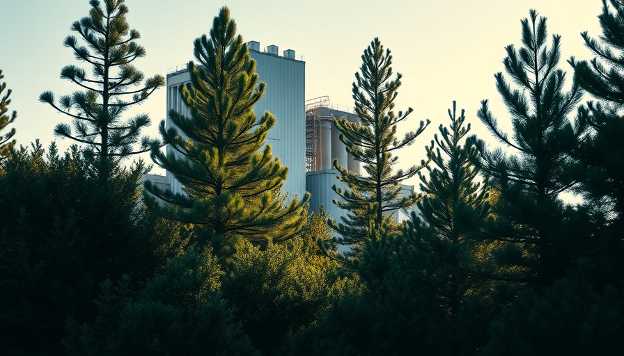 Sanford odor problem site behind trees, industrial setting.