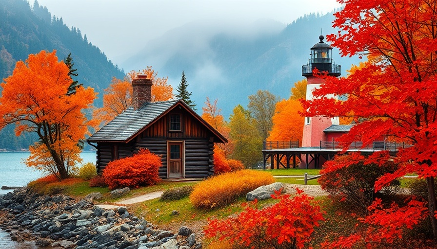 Maine autumn travel inspiration with a cabin and lighthouse in fall.
