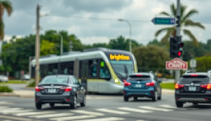 Urban intersection, Brightline train passing, safety awareness.