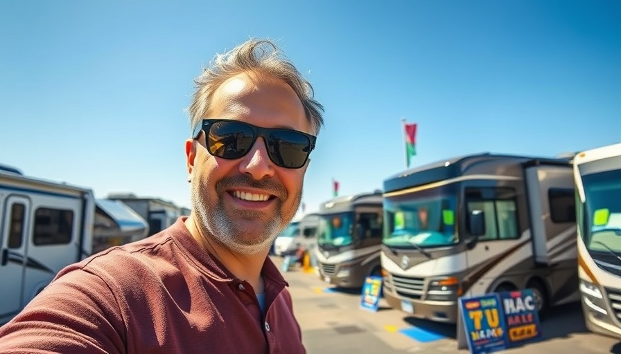 Lively outdoor RV expo showcasing modern RVs and vibrant stalls.