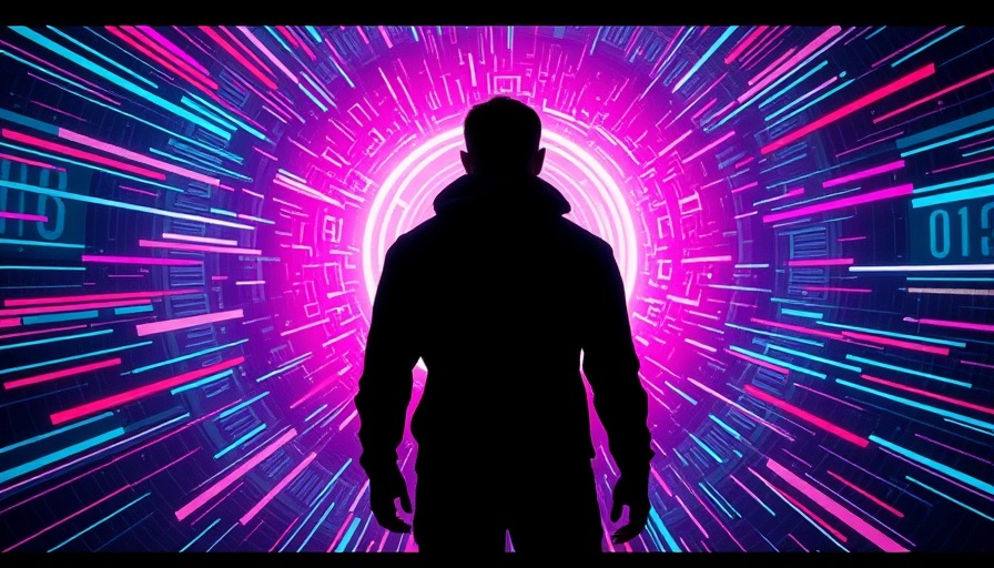 Futuristic scene with silhouette facing digital vortex.