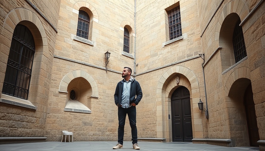 Casual man on adventure travel in Spain near historic stone building