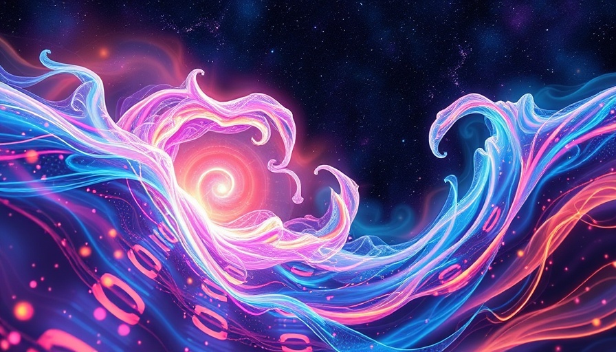 Vibrant cosmic waves depicting The Law of Attraction, futuristic sci-fi.