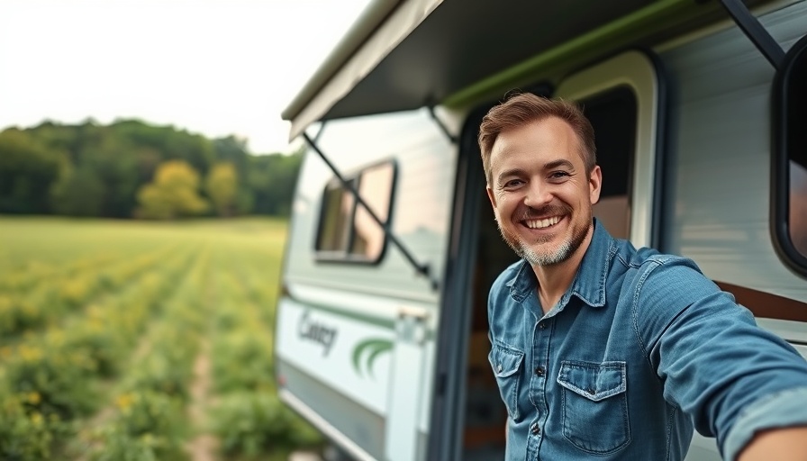 Smiling man with camper, enjoying RV travel in a green field.