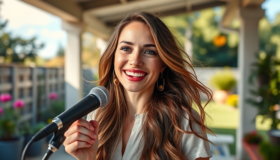 Smiling woman discussing quantum manifestation in a colorful setting.