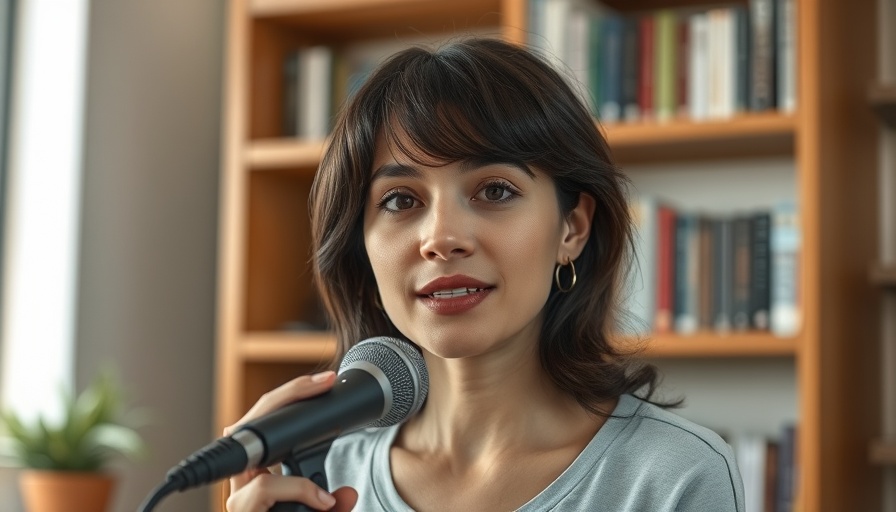 Healing Happens in Layers: calm woman speaking into microphone indoors.