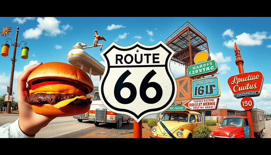 Route 66 RV travel collage with iconic signs and RV.