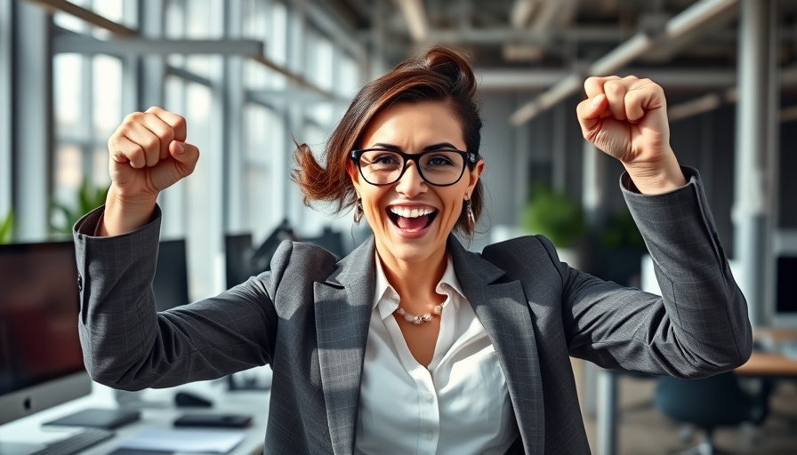 Businesswoman celebrates success in office, related to manifest money quickly.