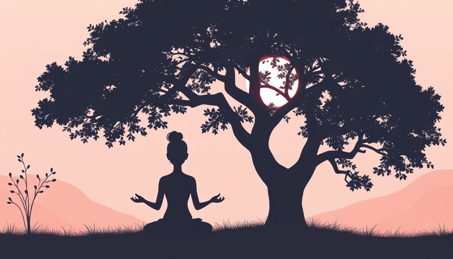 Serene silhouette woman meditating under tree, guided meditation.
