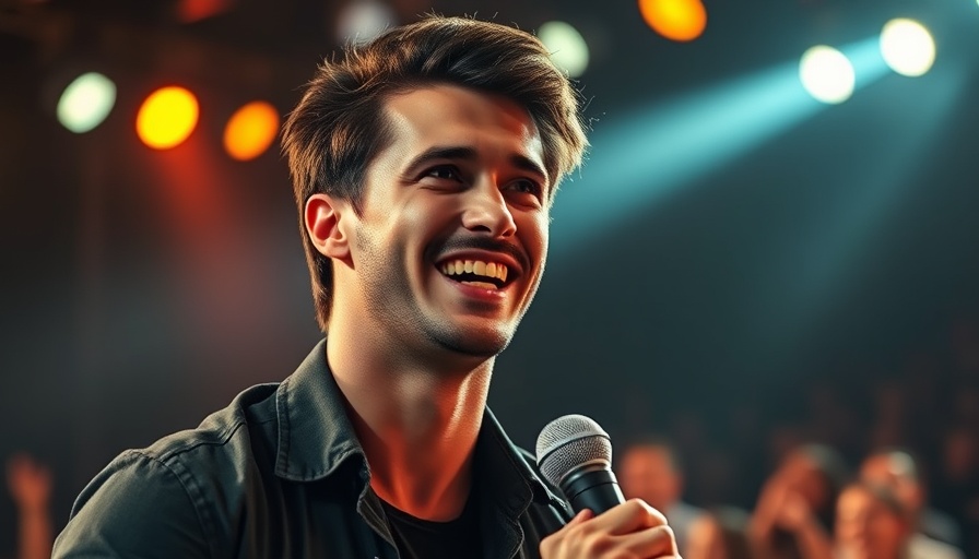 Soulful male singer performing confidently on stage, highlighting Michael Bublé overcoming self-doubt.