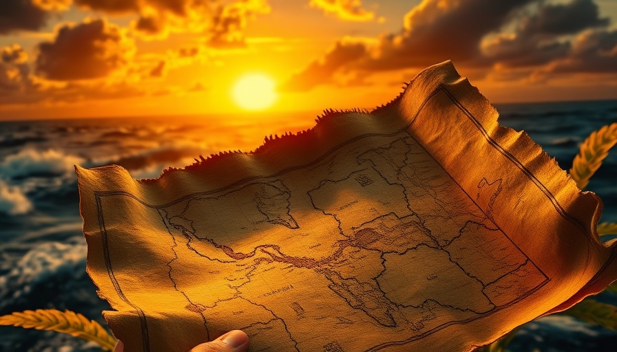Aged treasure map held in hand over ocean, manifest money concept.