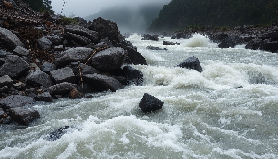 Typhoon Ragasa flooding in Taiwan engulfs rocky terrain.