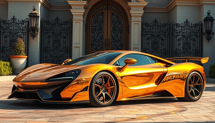 Manifestation Mindset: Lustrous golden hypercar in front of mansion.