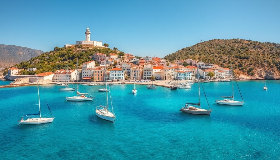 Stunning Aerial Views of Greece: Coastal village with sailboats and lighthouse.