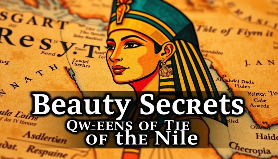 Ancient Egypt beauty routines map with queen illustration and text.