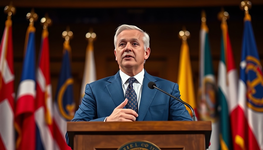 Politician speaks on Florida ICE partnerships, vibrant flags behind.