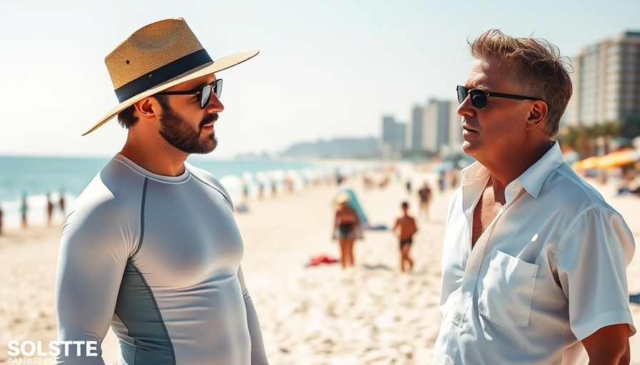 Beach scene with two men talking, sunny day in Central Florida.