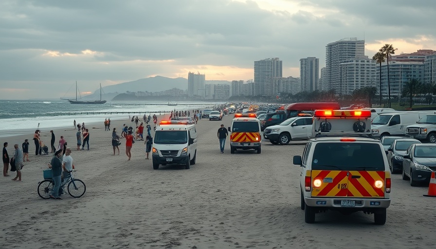 Volusia Beach storm alert with safety vehicles and people gathering.