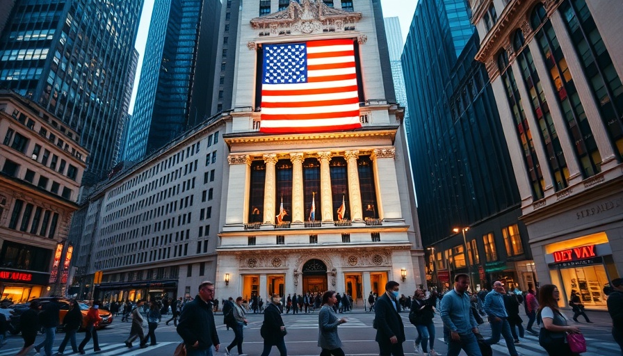 Facade of NYSE with American flag illuminated, pedestrians, dusk lighting.