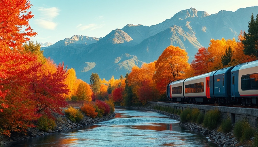 Japan in Autumn: Vibrant foliage with train passing by a river.