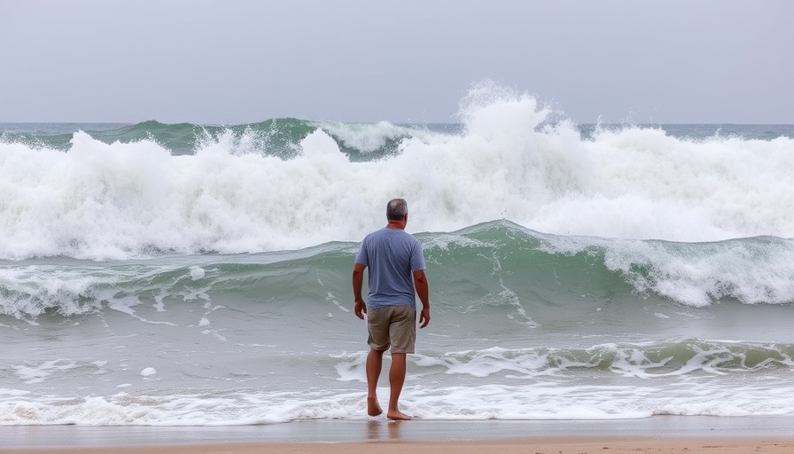 Cocoa Beach Surf Conditions with rough waves and observing man, cloudy ambiance.