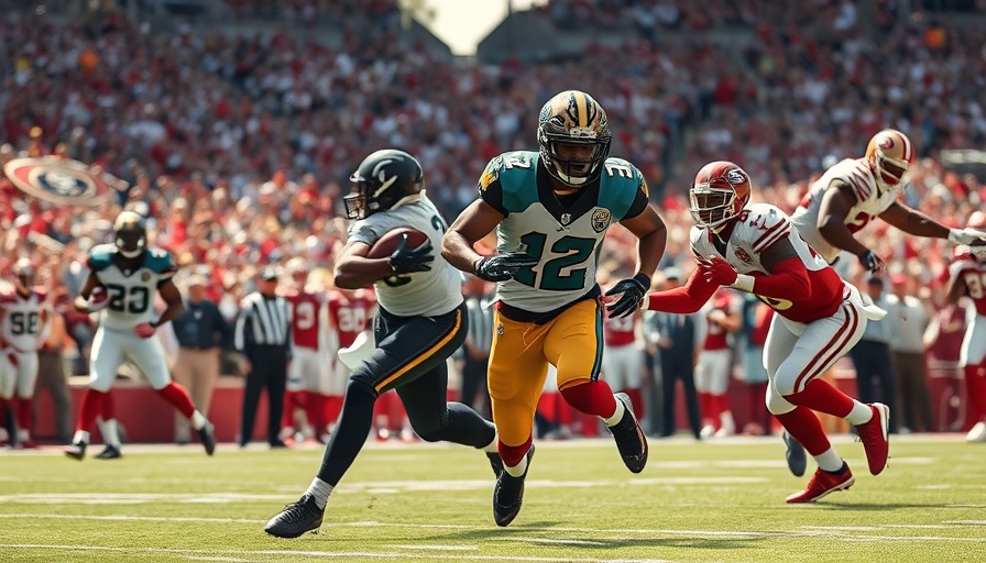 Jacksonville Jaguars player dashes past 49ers defenders.