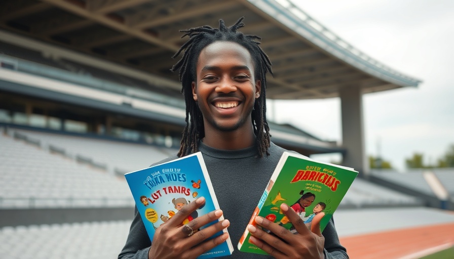 Brandon Bryant children's author smiling with books at a stadium.