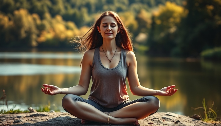 Inspired woman meditating by a serene lake, abundance mindset theme.