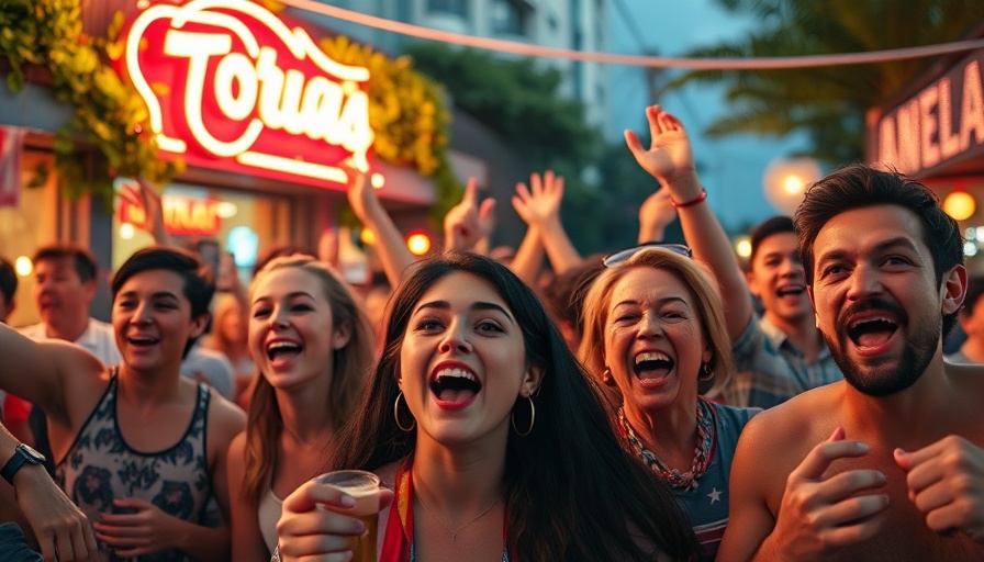 Excited fans celebrating Taylor Swift album release at vibrant bar.