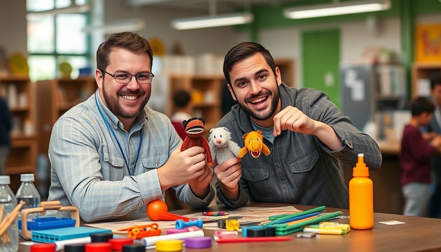 Two men crafting finger puppets at a science center table.