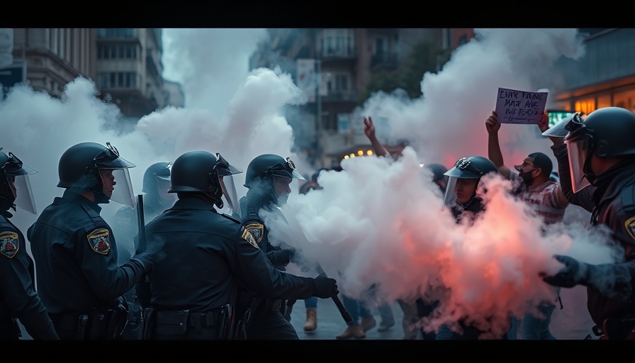 Police and protesters clash in Mexico City street scene.