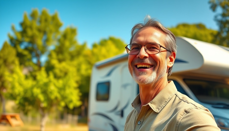 Smiling man enjoying RV camping in sunny wooded area