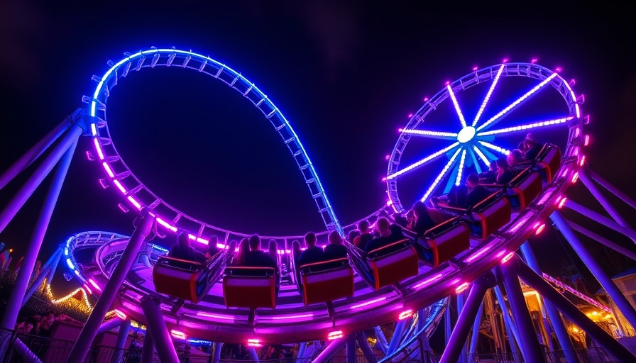 Roller coaster at night with colorful lights, related to Universal Orlando safety and accessibility guide.