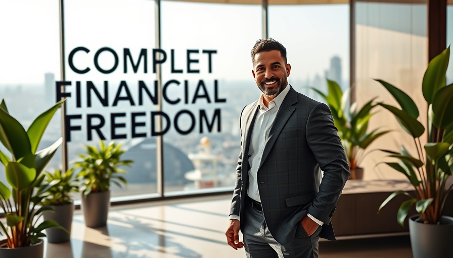 Confident person in modern room with city view representing financial freedom.