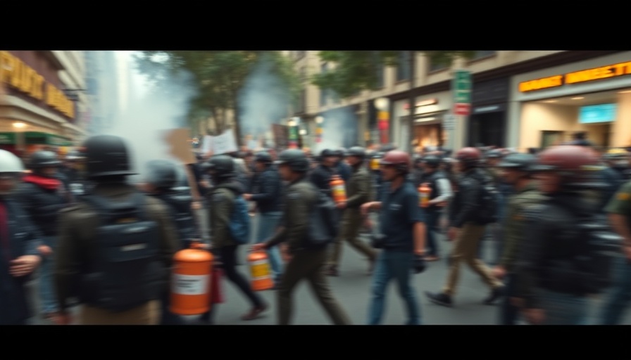 Blurry scene of gas canisters amidst protest in Chicago.