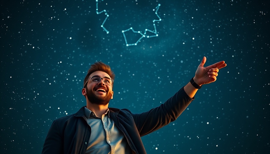 Cheerful man pointing at Orion constellation in starry night.