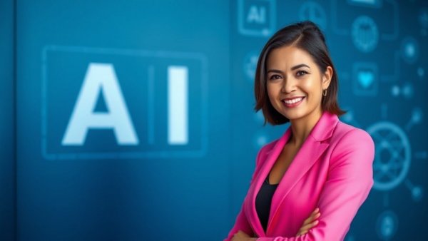 AI image generation for business: businesswoman with AI icons.