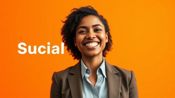 Social media marketing creativity; individual smiling against orange gradient.