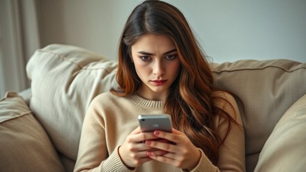Concerned woman using phone for online reputation management