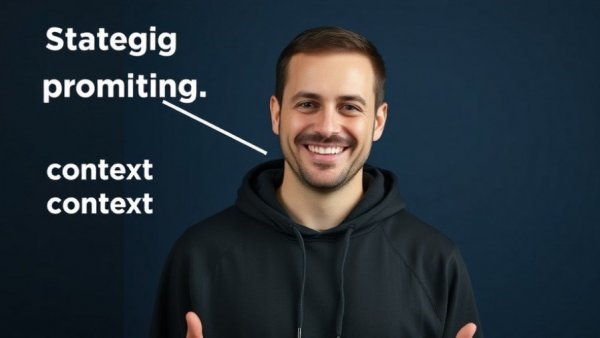 Smiling man sharing prompt engineering strategies for AI on blue background.