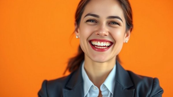 Smiling woman and marketing text with orange background.