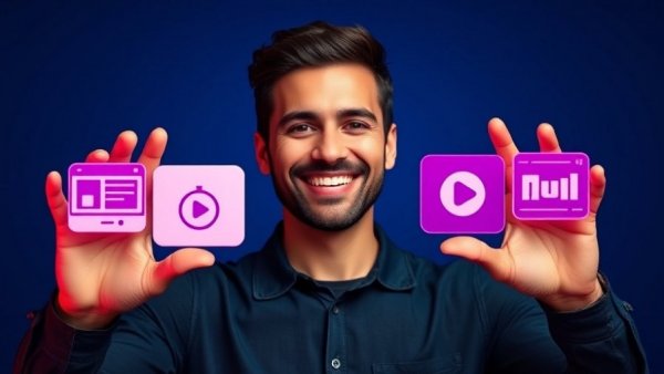 Smiling man with AI video editing tools icons on blue background