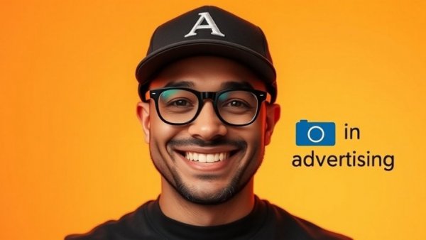 Smiling man promoting AI in advertising 2026 with text and emojis.