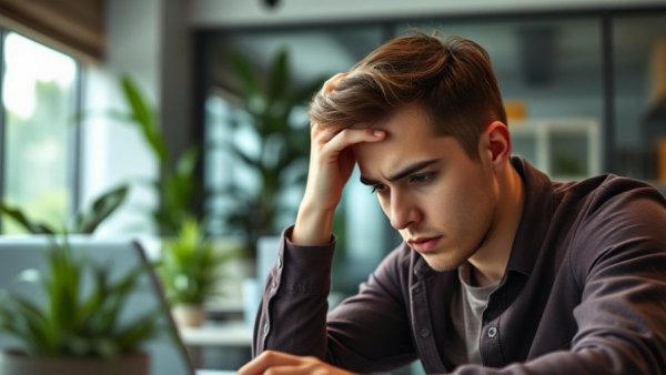 Stressed young man dealing with online reputation management on laptop.