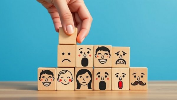 Hand arranging blocks with faces for online reputation management concept.
