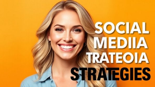 Promotional banner on social media marketing with a smiling woman.