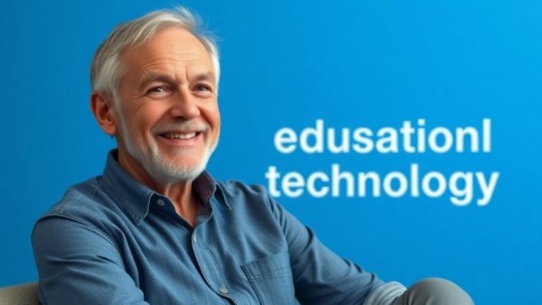 Smiling older man with AI learning text, social media marketing strategies.