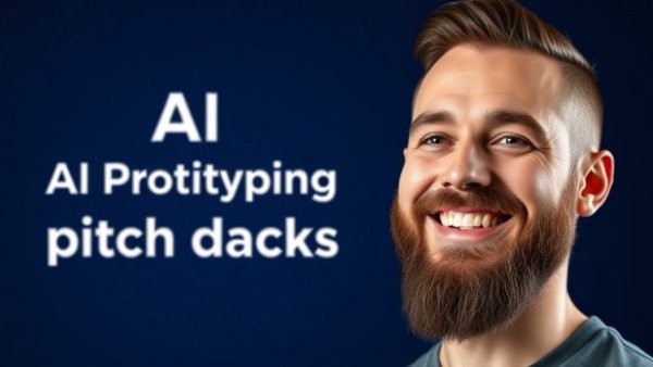 Smiling bearded man promoting AI prototype and pitch deck creation.