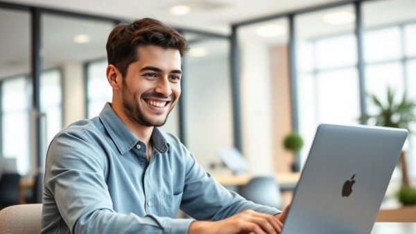 Online reputation management: professional man working on laptop.